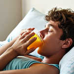 **

A person comfortably resting in bed, slightly elevated with pillows, drinking a cold beverage (like iced water or apple juice) through a straw. The scene is peaceful and highlights the importance of rest and hydration during recovery. Focus on conveying comfort and ease.

**