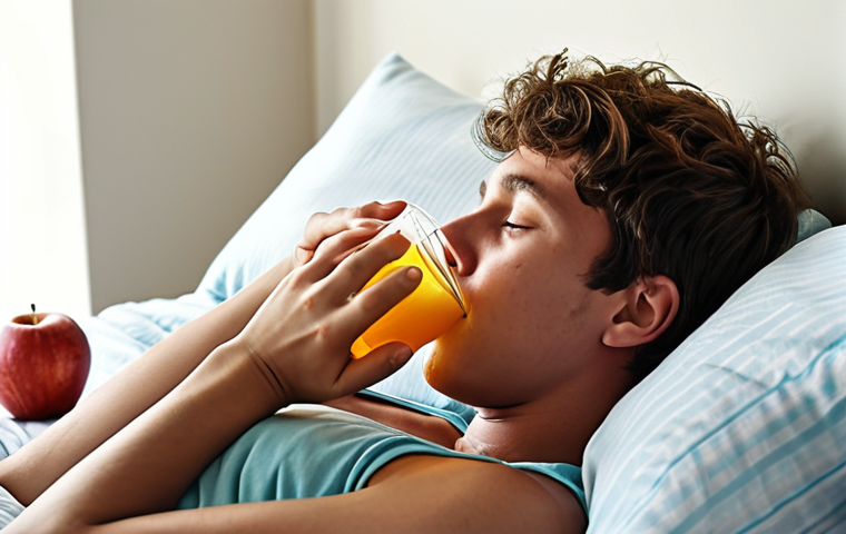 **
A person comfortably resting in bed, slightly elevated with pillows, drinking a cold beverage (like iced water or apple juice) through a straw. The scene is peaceful and highlights the importance of rest and hydration during recovery. Focus on conveying comfort and ease.
**