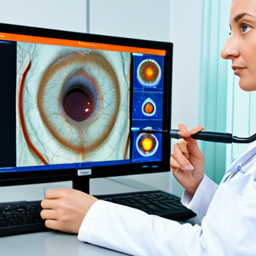 A professional female ENT specialist in a modest white lab coat, meticulously examining a patient's nose using a modern, flexible nasal endoscope. The high-resolution image from the endoscope is displayed on a screen in a brightly lit, sterile medical examination room. The patient is fully clothed in appropriate attire, sitting calmly and cooperatively. safe for work, appropriate content, fully clothed, professional, perfect anatomy, correct proportions, natural pose, well-formed hands, proper finger count, natural body proportions, professional photography, high quality.