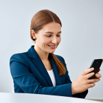 A professional woman in a modest business suit, seated in a modern, brightly lit audiology clinic. She is looking at a smartphone in her hand, which displays an application for controlling a discreet, advanced smart hearing device worn behind her ear. The setting emphasizes clean lines and cutting-edge technology, conveying a sense of improved clarity and confidence. The woman is fully clothed, in appropriate attire, safe for work, with perfect anatomy, correct proportions, and a natural pose. Her hands are well-formed with proper finger count, and she has natural body proportions. This is a professional, family-friendly image with appropriate content.