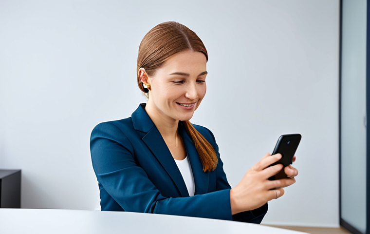 A professional woman in a modest business suit, seated in a modern, brightly lit audiology clinic. She is looking at a smartphone in her hand, which displays an application for controlling a discreet, advanced smart hearing device worn behind her ear. The setting emphasizes clean lines and cutting-edge technology, conveying a sense of improved clarity and confidence. The woman is fully clothed, in appropriate attire, safe for work, with perfect anatomy, correct proportions, and a natural pose. Her hands are well-formed with proper finger count, and she has natural body proportions. This is a professional, family-friendly image with appropriate content.