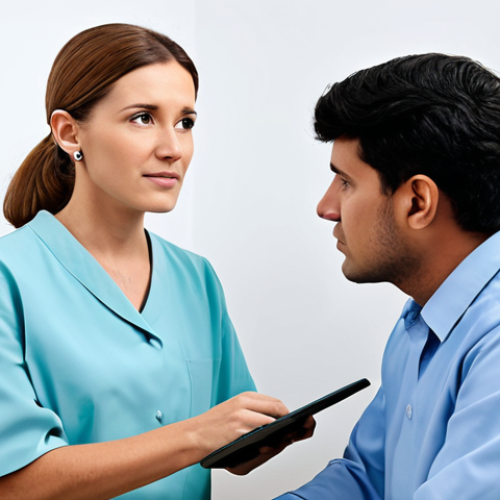 ** A person in modest attire having their hearing tested by a professional audiologist in a clinic setting, fully clothed, appropriate content, safe for work, professional environment, perfect anatomy, natural pose.

**