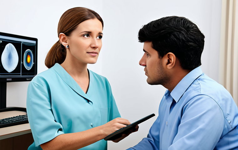 ** A person in modest attire having their hearing tested by a professional audiologist in a clinic setting, fully clothed, appropriate content, safe for work, professional environment, perfect anatomy, natural pose.

**